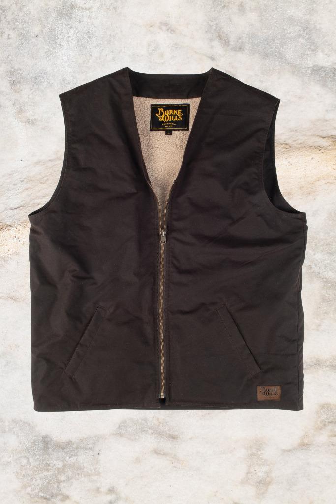 New Burke & Wills Balranald Vest 6Oz Oilskin Adult Winter Vest Brown Sherpa - Picture 7 of 14