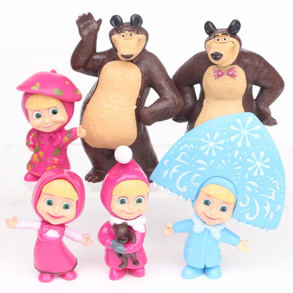 6pcs Masha And The Bear Action Figure Cute Doll Cake Topper Play set Toy Gift 4"