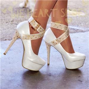 Womens Ladies Platform High Heel shoes Metallic Shimmer Ankle strap ...