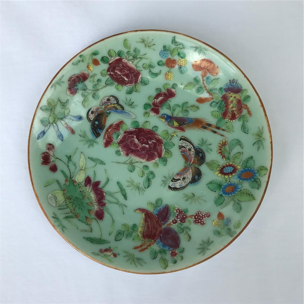Antique Qing Dynasty Chinese Canton Famille Rose Enameled Celadon Plate