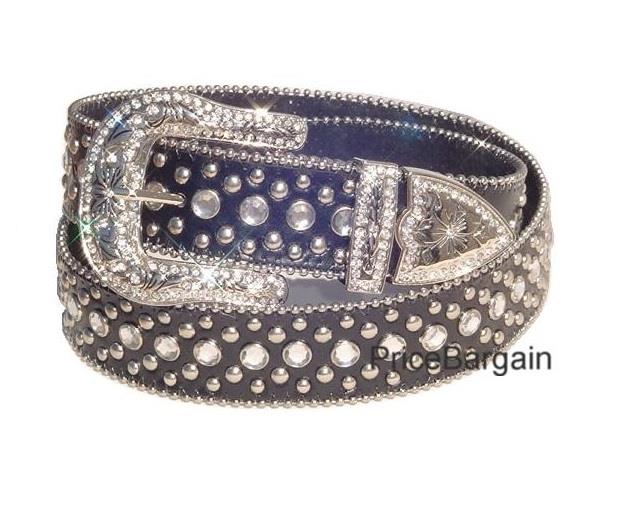 New Women Western Rhinestone Bling Black Leather Stud Snap On