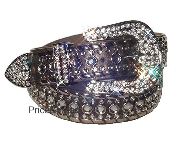 isa Western Rhinestone Stud Pewter Genuine Leather Snap on Buckle Belt
