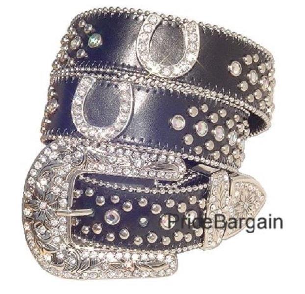 Horse Shoe & Cowboy Boot & Rhinestones Ladies Leather Black Belt Western black_42c5ecf7-12ec-4408-af5b-  main image 3