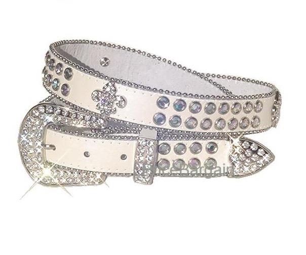 isa Leather White Fleur De Lis Western Rhinestone Crystal Bling Belt L