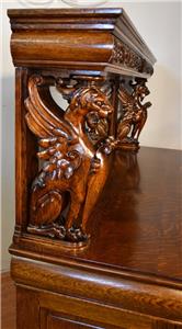 1890s Antique RJ Horner Tiger Oak carved winged Griffin Server