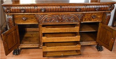 1890s Antique RJ Horner Tiger Oak carved winged Griffin Server