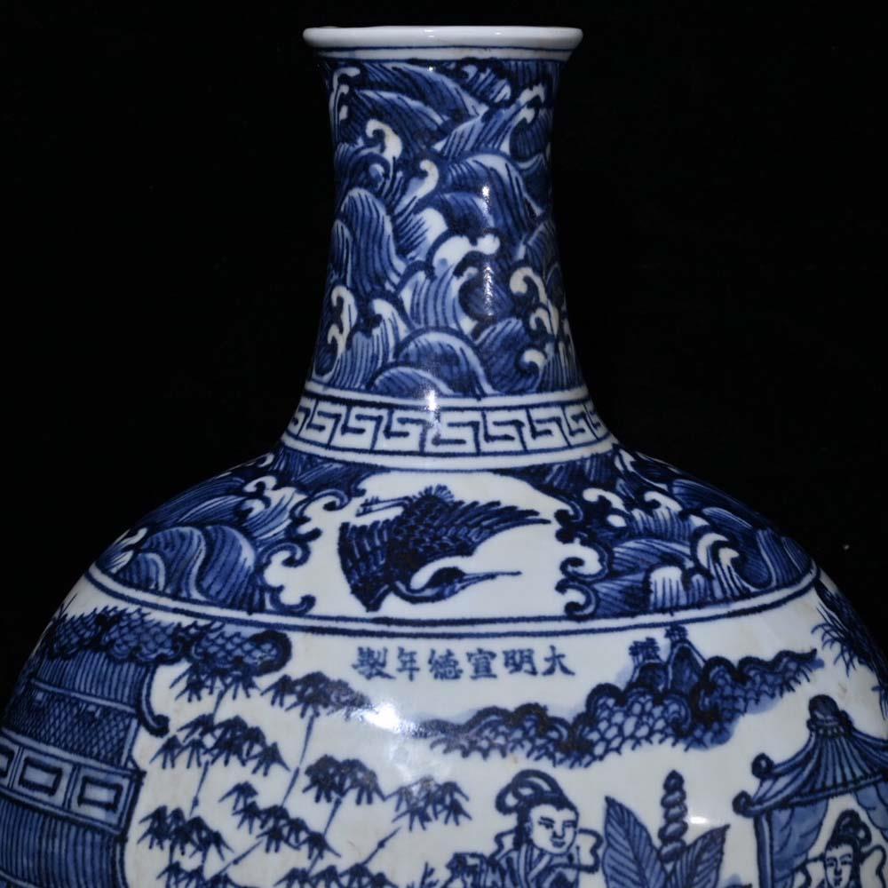 在銘　時代如意　約33㎝　東Y8-0306① 33CM Xuande Signed Old Chinese Blue and White Vase W/figure N301