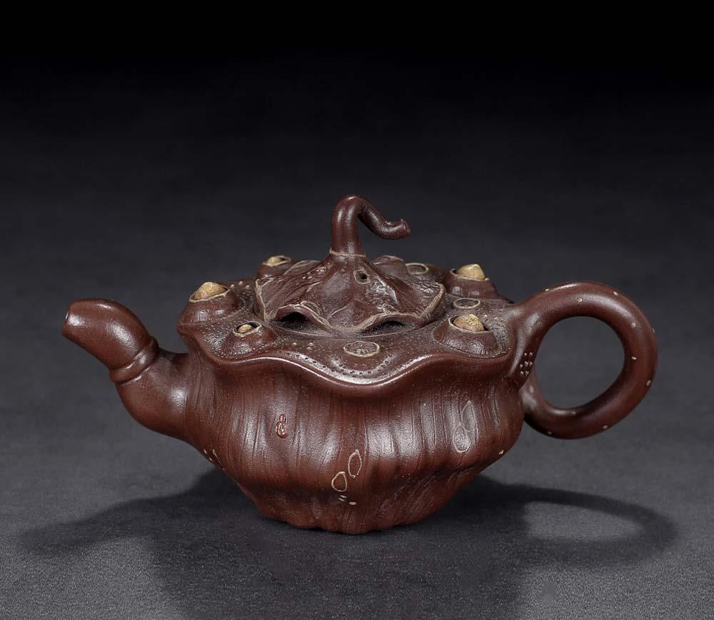 Jiang Rong Signed Old Chinese Handmade Yixing Zisha Teapot w/louts