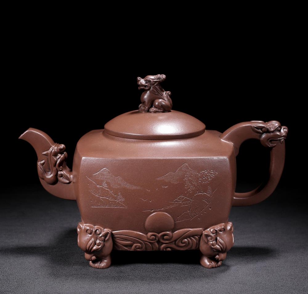 Jinding Signed Old Chinese Handmade Yixing Zisha Teapot w/lion