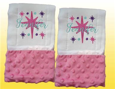 New Handmade Personalized Embroidered Blue Green Minky Bib and Burp Cloth Set