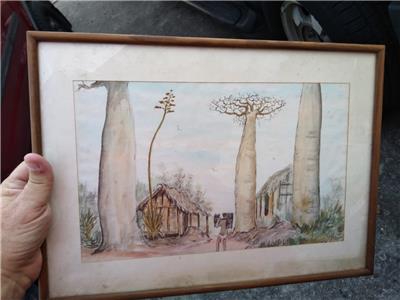 Vintage Haitian Art Original Watercolor Painting Houses Tree