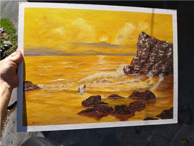 Vintage Oil Painting Sunset Coastal Landscape Beach Seagull Waves