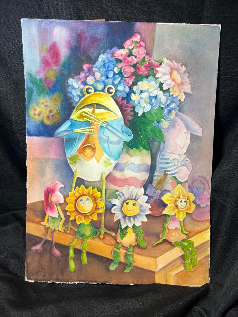 Vintage Artist Signed Original Watercolor Painting Bunny Doll Flowers Music Frog
