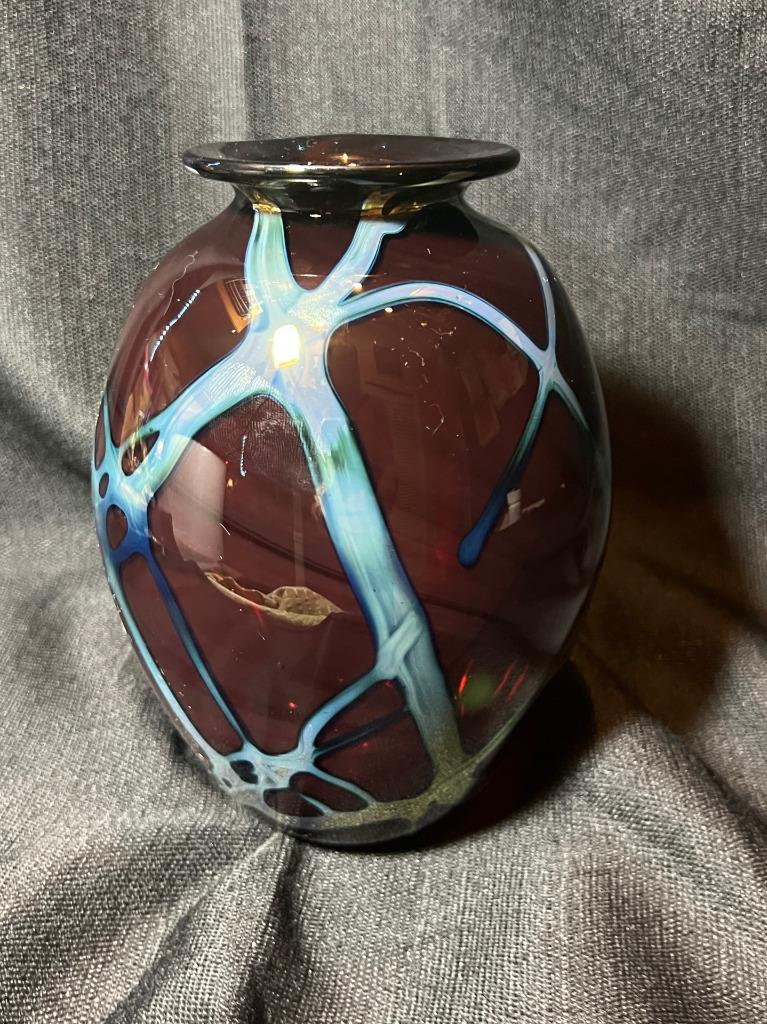 Artist Signed Art Glass Vase Original Hand Blown Artisan Iridescent Colors