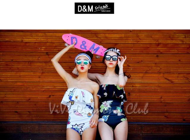 Korean Style Women Cartoon Ruffle Tube Top One Piece Swimsuit