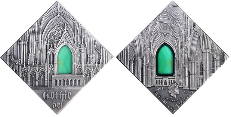 Niue 2014 Crystal Art GOTHIC Pure Silver Square Coin w Agate