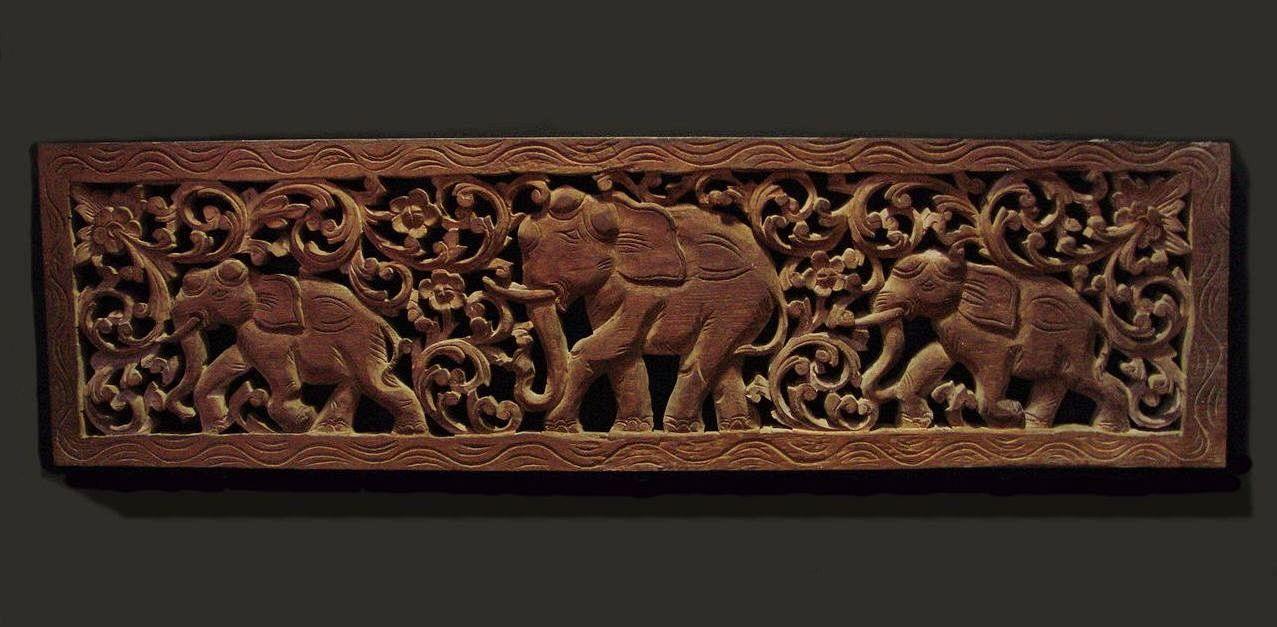 ANTIQUE 'BAAN TAWAI' VILLAGE TEAK WOOD RELIEF ELEPHANT & FLORAL CARVING. 1900's. | eBay