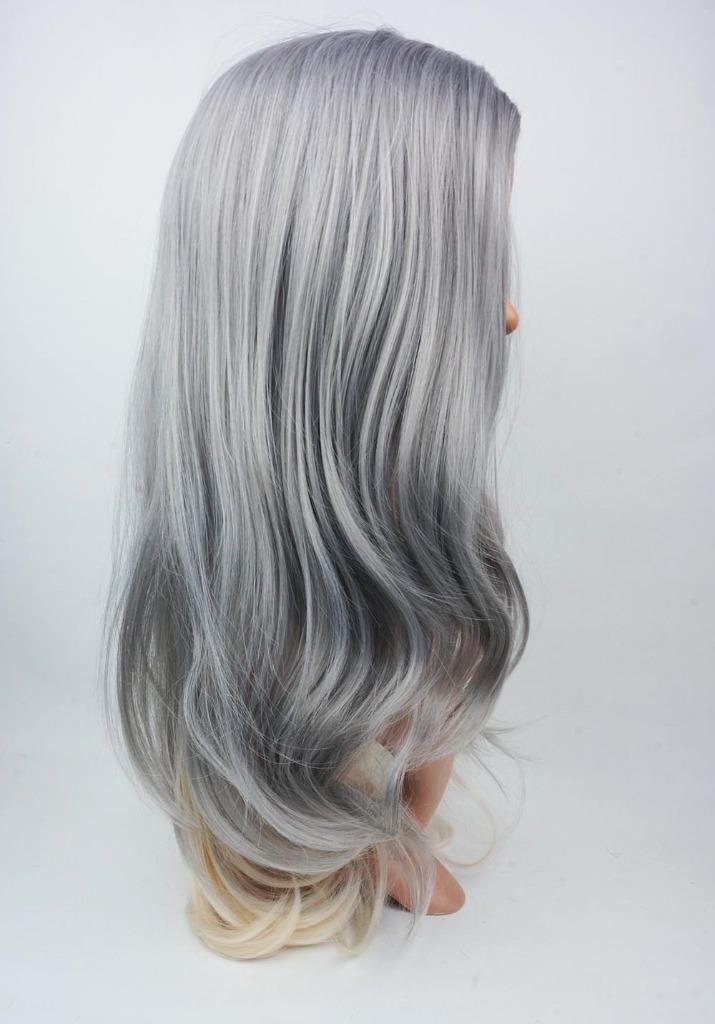 W112 Silver Grey Blonde Ombre Wavy Ladies Synthetic Wig Skin Top