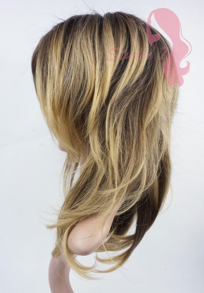 W136 Golden Blonde Dark Root Mid Length Choppy Layers Wig
