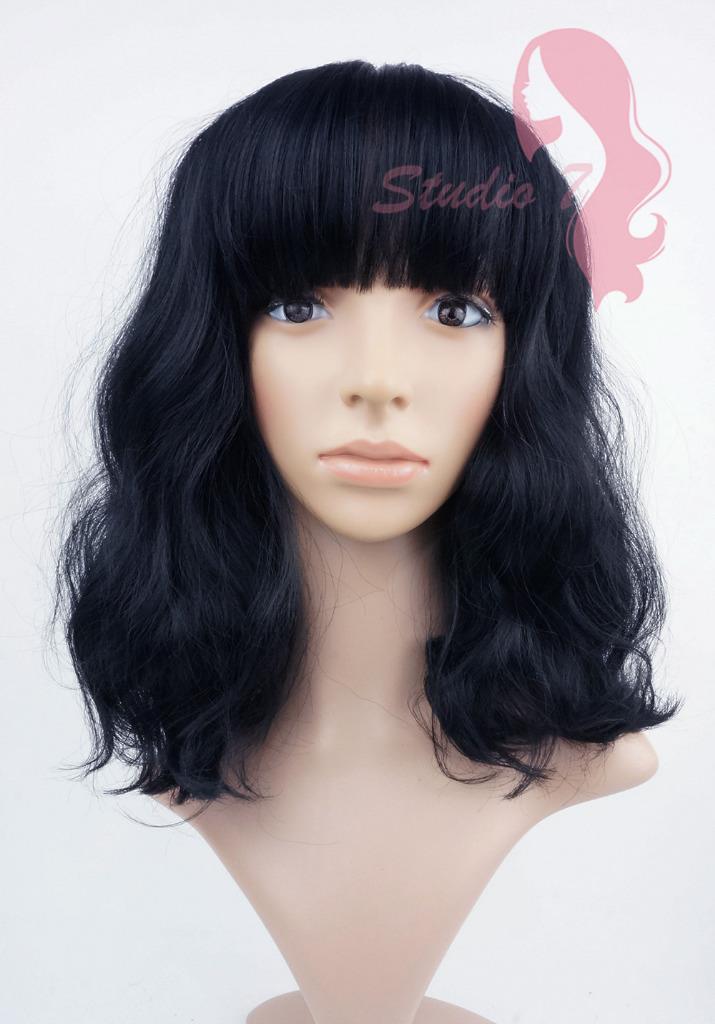 W152 Jet Black Mid Length Wavy Straight Fringe Sythetic Wig