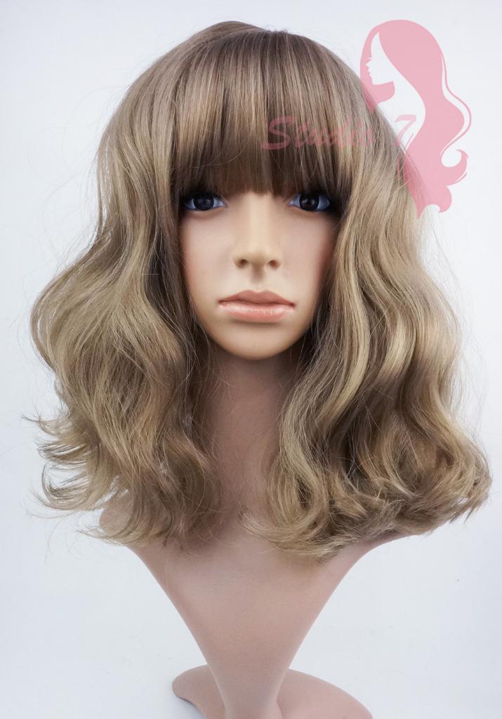 W153 Dark Blonde Mid Length Wavy Straight Fringe Sythetic Wig