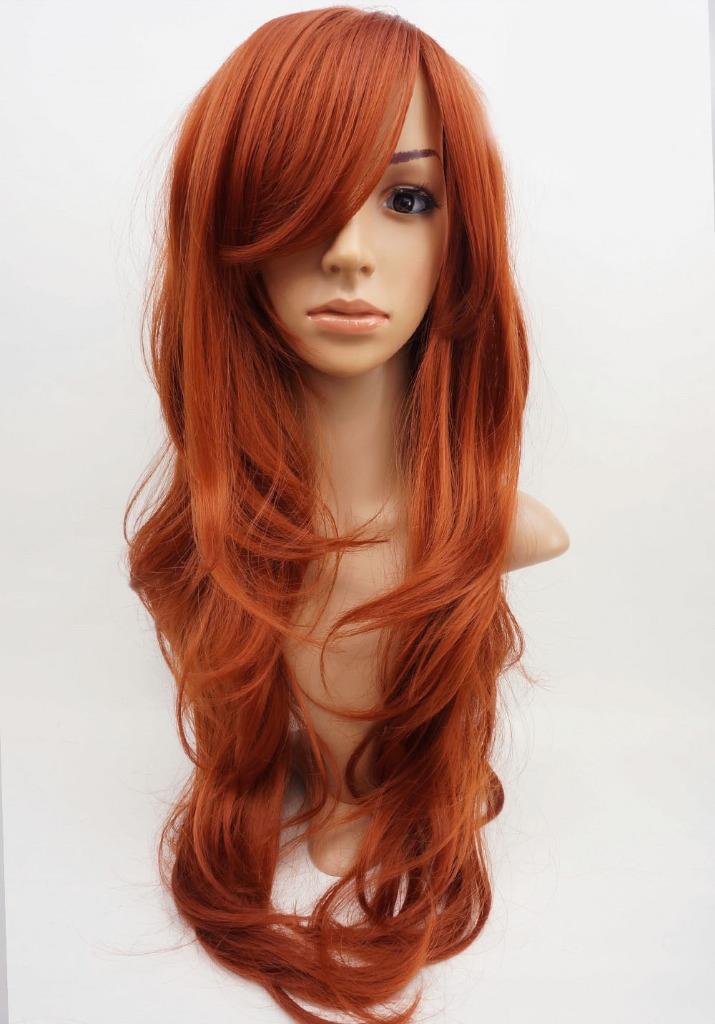 W9 Copper Red Extra Long Synthetic Ladies Wig Layered Natural Wavy