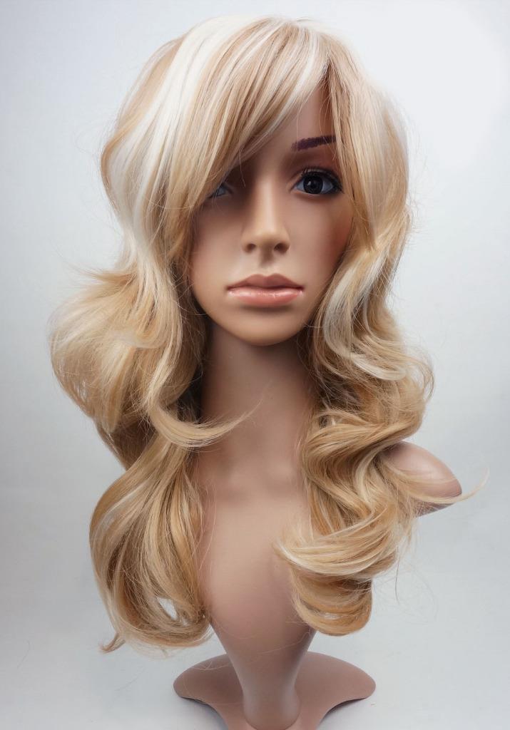 W27 Honey Blonde Bleach Blonde Highlight Long Wavy Synthetic Wig