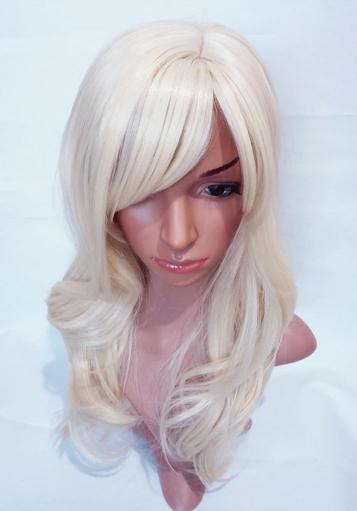 W85 Bleach Platinum Blonde Long Wavy Ladies Wig Skin Top ...