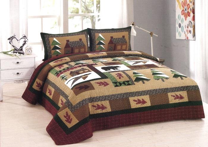 Winter Log Cabin 3pc Queen Quilt Set Black Bear Geese Pine