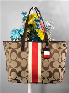 COACH Hamptons Khaki Red Signature Stripe Shoulder Tote Bag #19999