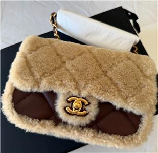 New Chanel Mini Shearling Flap Bag Brown Lambskin Brush Gold