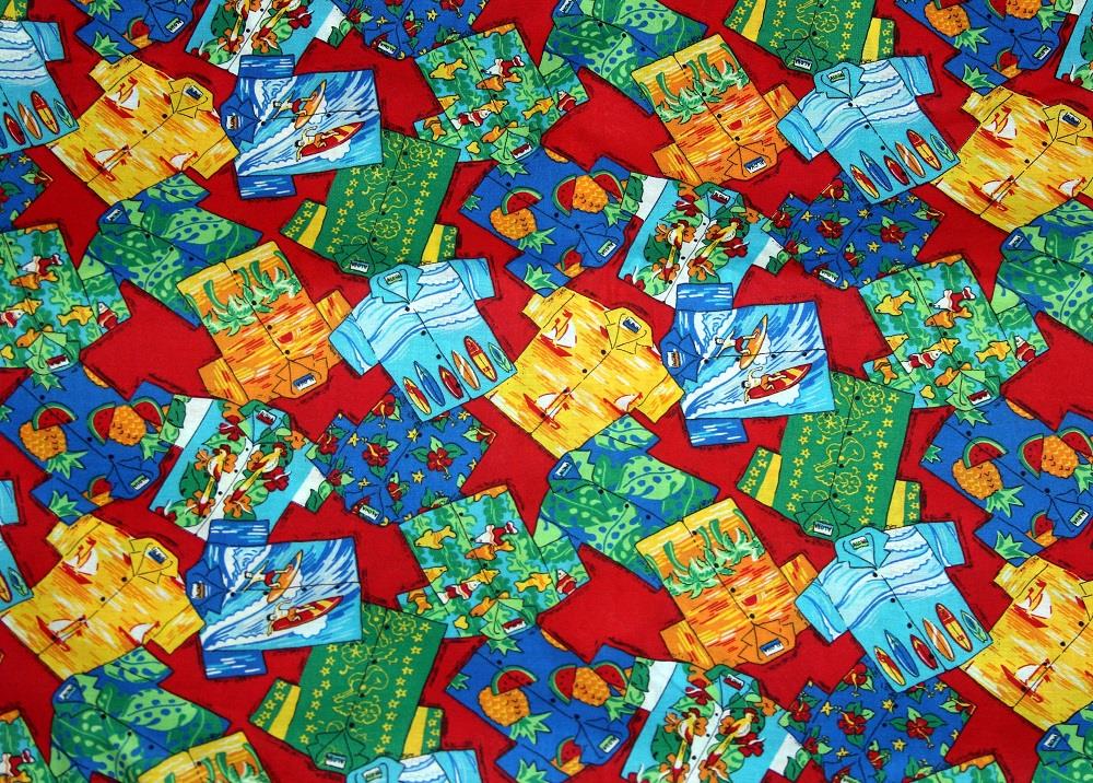 Hawaiian Shirts Surfboards Blue Pink Red Cotton Fabric OOP Early 2000s BTY U-Pic - Picture 7 of 7