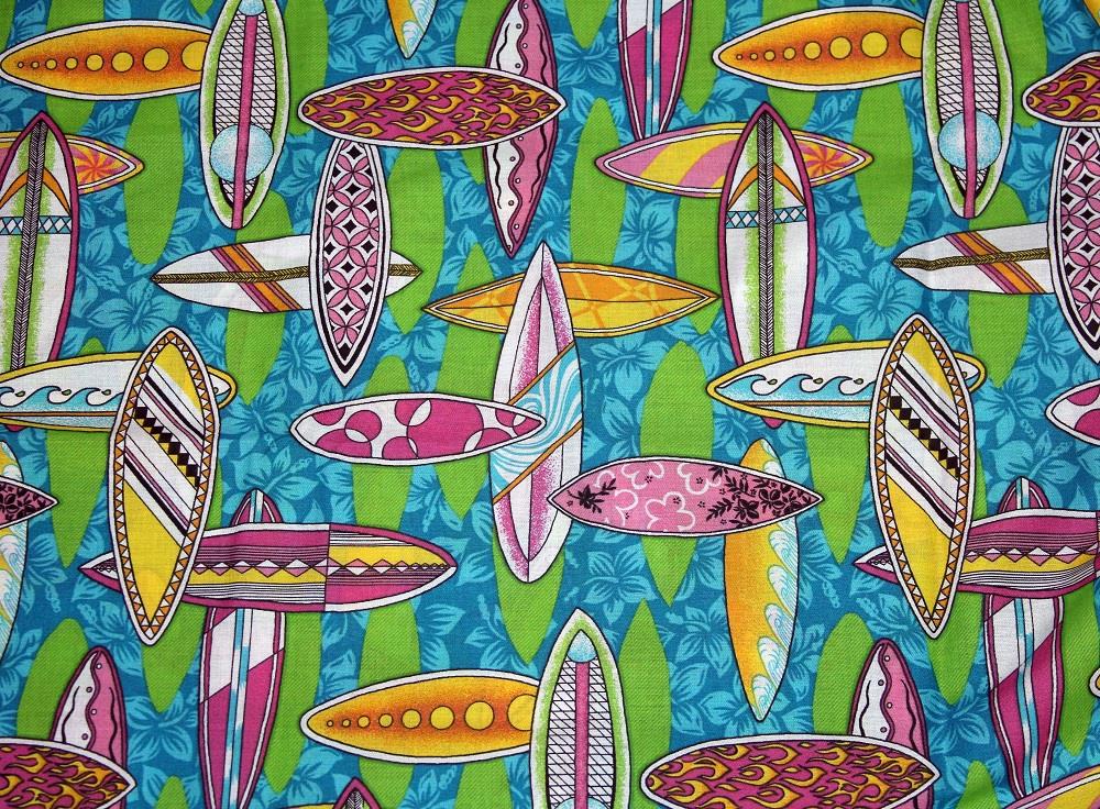 Hawaiian Shirts Surfboards Blue Pink Red Cotton Fabric OOP Early 2000s BTY U-Pic - Picture 2 of 7