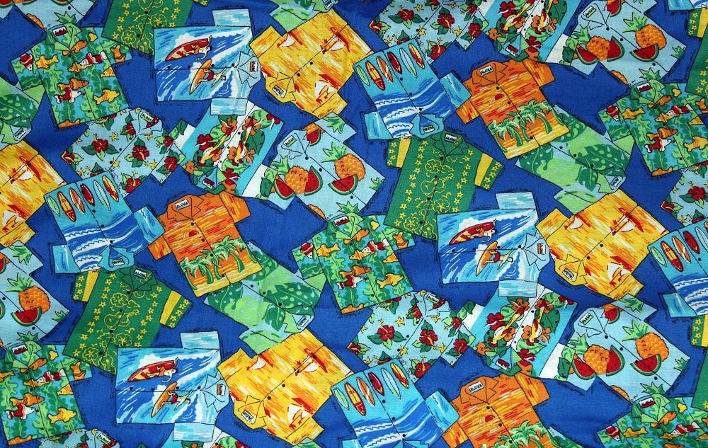 Hawaiian Shirts Surfboards Blue Pink Red Cotton Fabric OOP Early 2000s BTY U-Pic - Picture 6 of 7