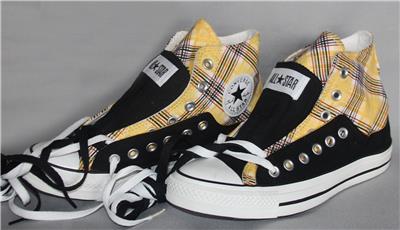 Converse Yellow Plaid Black DBL Layer Top Tongue 26 Eye High Top Shoes  Wm's
