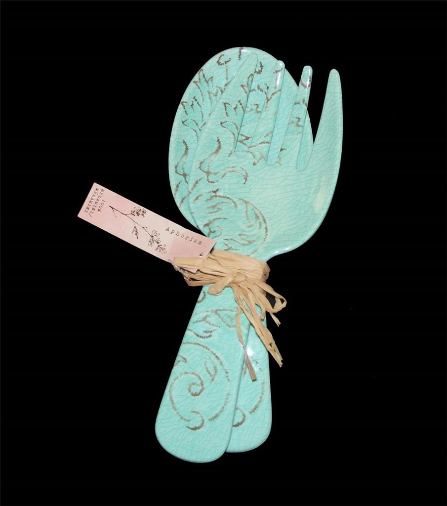 2 APHORISM Cream or Turquoise Scroll Crackle Melamine Serving Spoon & Fork NEW