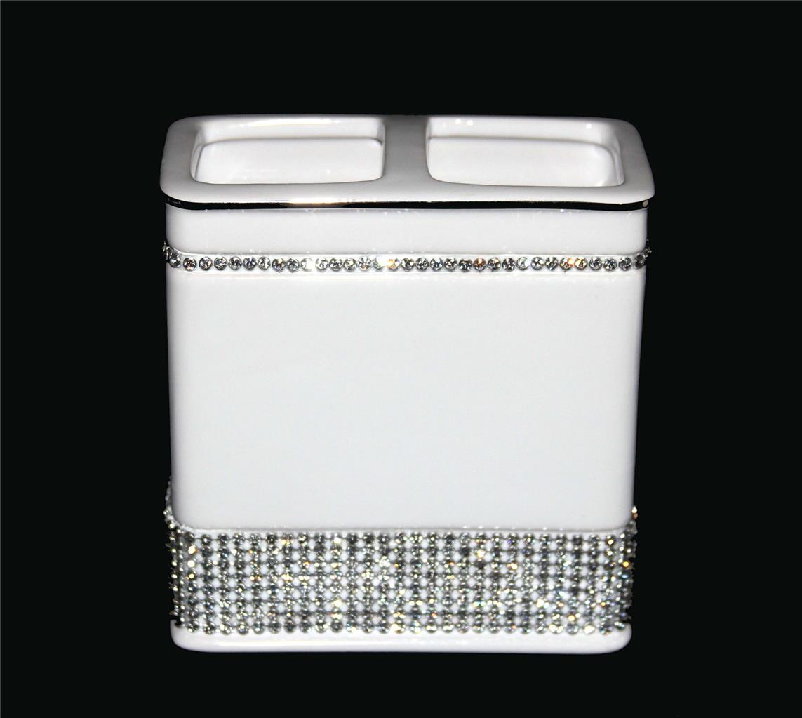 White Ceramic Rhinestones Soap Dispenser*Dish*Tumbler*Toothbrush Holder