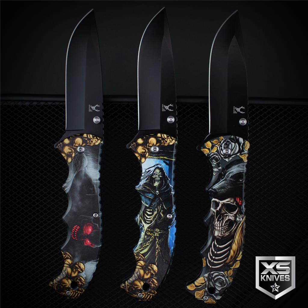 Details About Black Fantasy Skulls N Roses Grim Reaper Spring Assisted Pocket Knife 3d Series