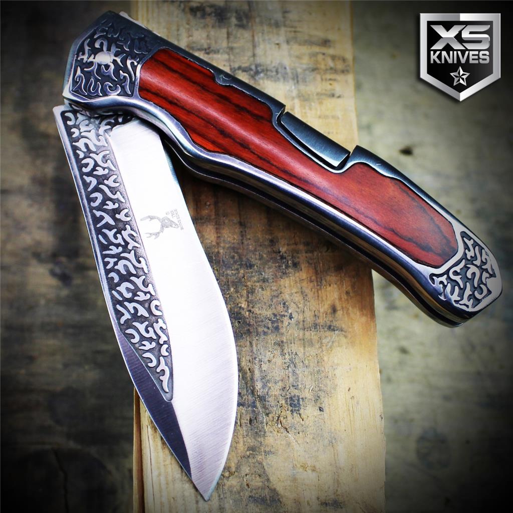 COWBOY Western Cherry WOOD HANDLE Lockback Folding Pocket Knife Ornate Bolster eBay