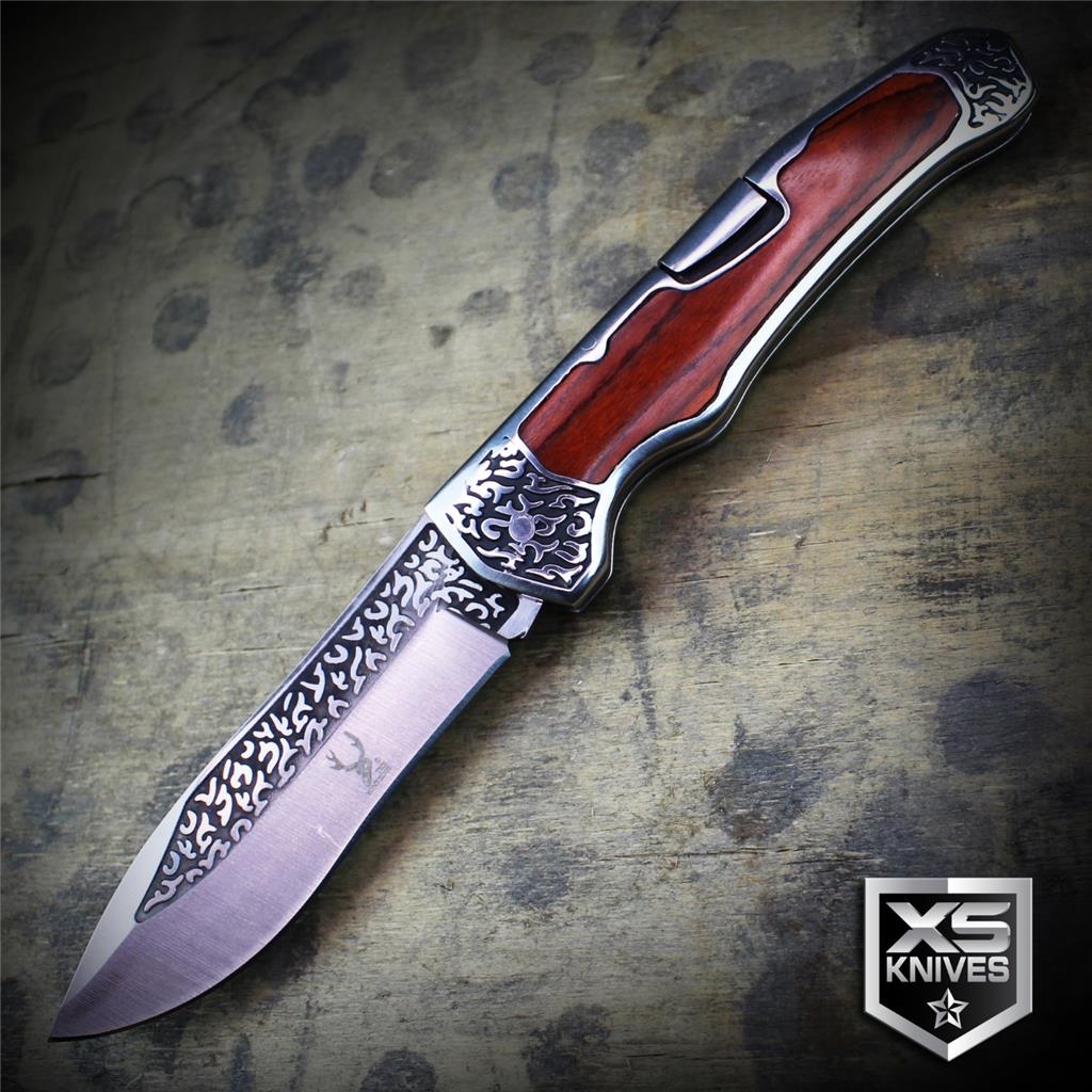 COWBOY Western Cherry WOOD HANDLE Lockback Folding Pocket Knife Ornate Bolster eBay