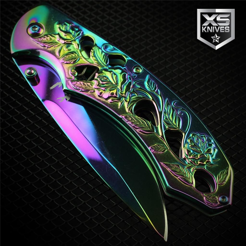 Epic Titanium ROSES Floral Handle Ornate Spring Assisted Pocket Knife 4 Colors
