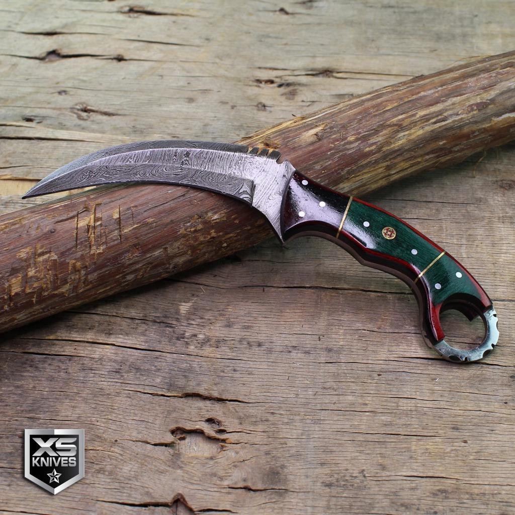 9" Genuine DAMASCUS STEEL Karambit Hawkbill Knife WOOD Handle + LEATHER SHEATH eBay