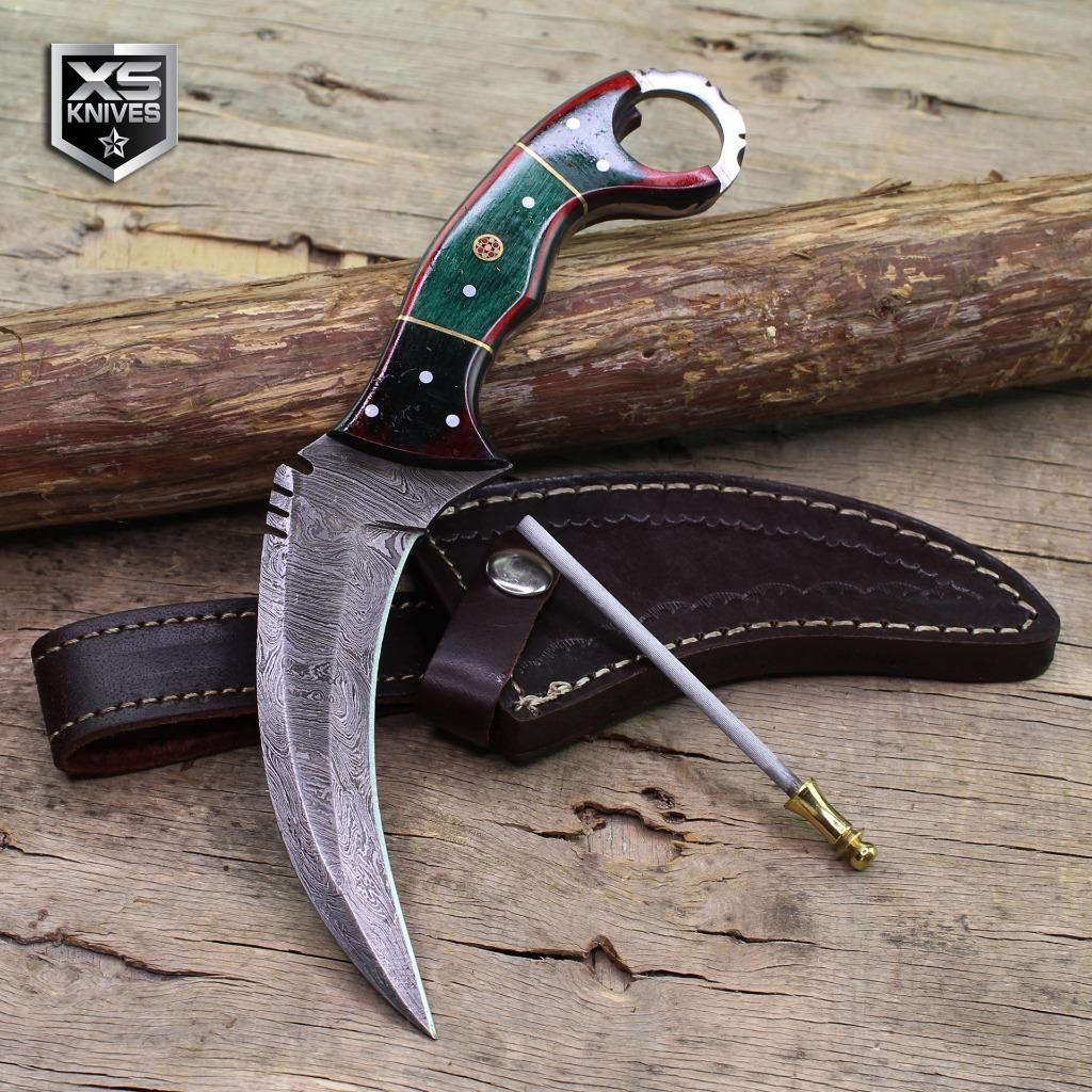 9" Genuine DAMASCUS STEEL Karambit Hawkbill Knife WOOD Handle + LEATHER SHEATH eBay