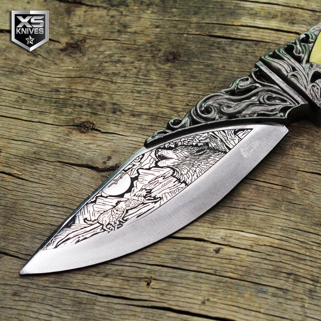 Fantasy Ornate WOLF CARVED Handle FIXED BLADE Collectors Knife Wolves