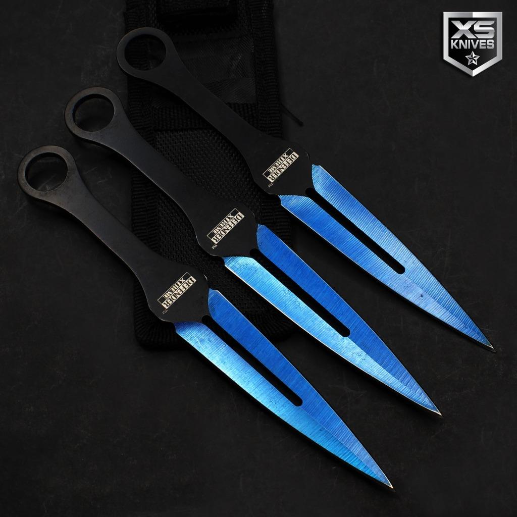 3pc Tactical Blue THROWING KNIVES Ninja Kunai Throwers 7" Stainless