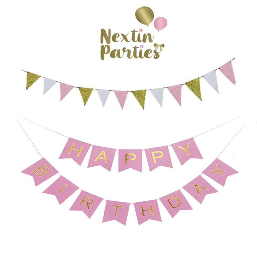Pink Happy Birthday Banner Glitter Garlands Balloons Confetti Party