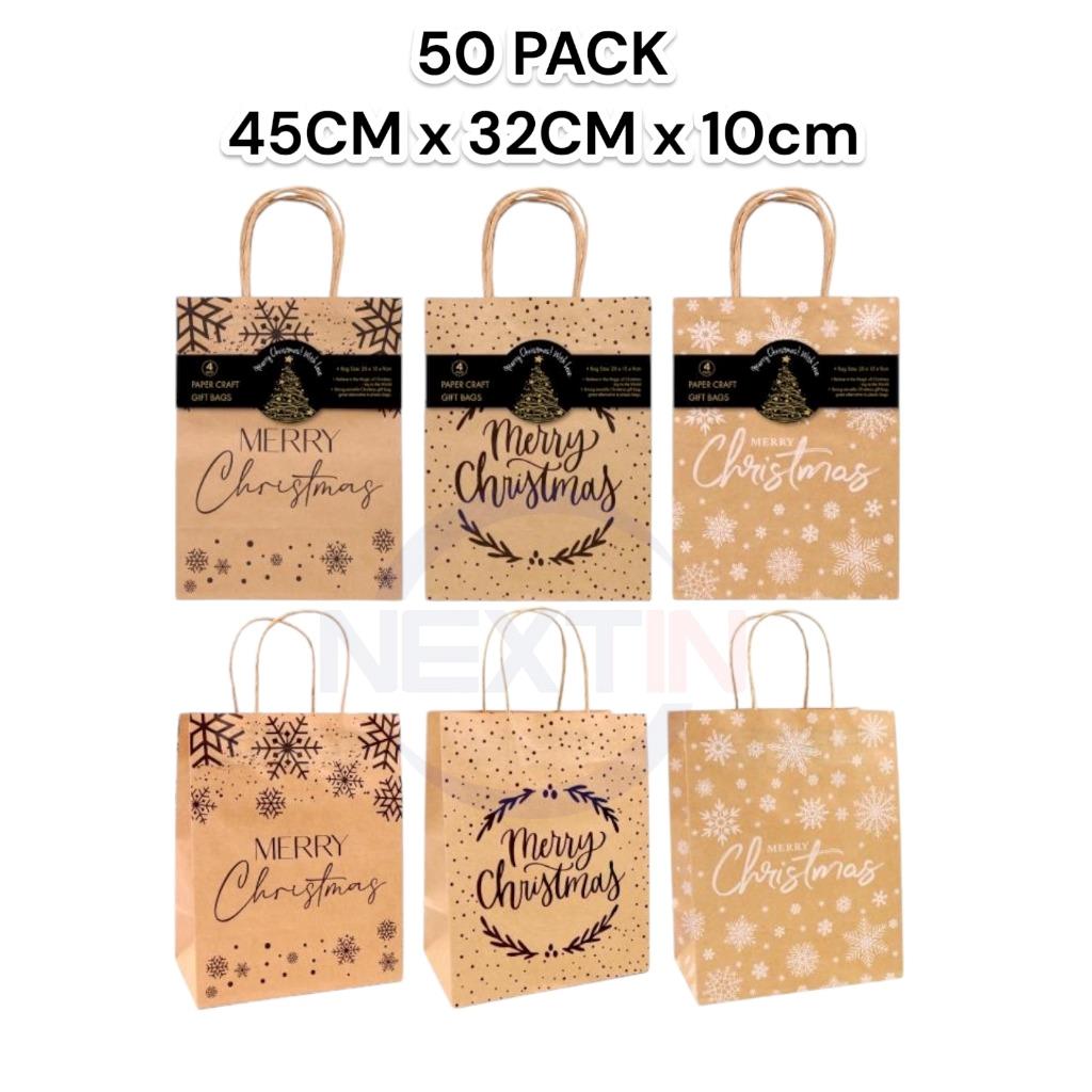 Christmas Kraft Paper Bags 50 Bulk Gift Shopping Carry Craft Brown Bag Handles - Picture 10 of 11