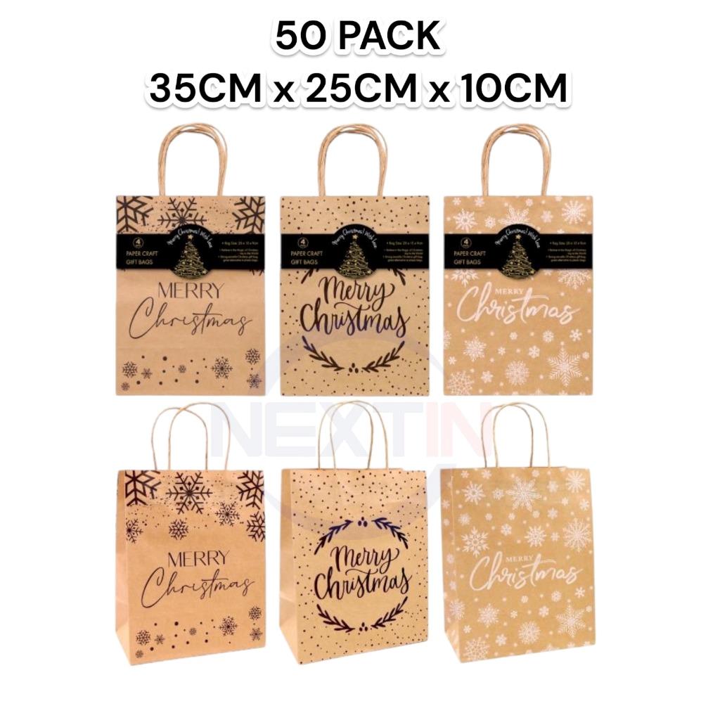 Christmas Kraft Paper Bags 50 Bulk Gift Shopping Carry Craft Brown Bag Handles - Picture 9 of 11