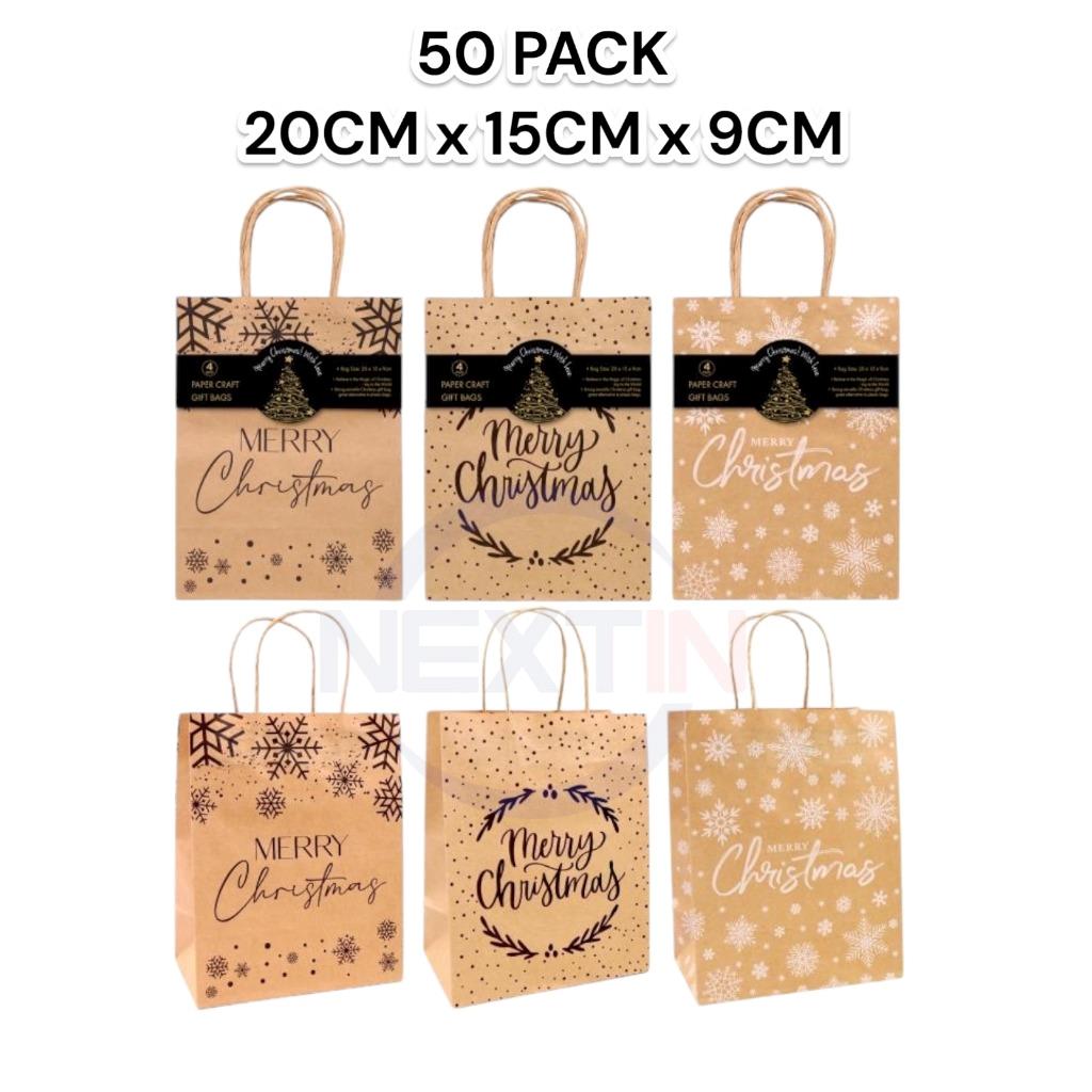 Christmas Kraft Paper Bags 50 Bulk Gift Shopping Carry Craft Brown Bag Handles - Picture 8 of 11