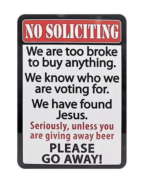Metal Plate Sign No Soliciting Broke Jesus Go Away Warn Wall Cave Home Decor Tin 